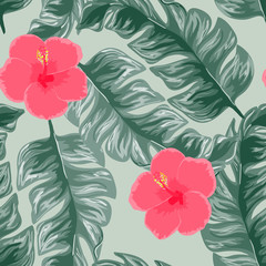 Exotic seamless pattern with tropical flowers and leaves. Banana leaves and hibiscus flower. Floral background with exotic leaves and flowers.