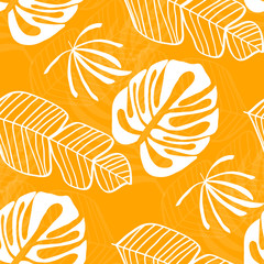 Fototapeta na wymiar Tropical pattern with white leaves of monstera, banana and palm trees on a yellow background. Exotic seamless pattern.