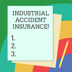 Word writing text Industrial Accident Insurance. Business concept for payments for demonstrating exposed to the work hazard Stack of Blank Different Pastel Color Construction Bond Paper and Pencil