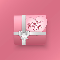 3d gift box with paper bow and ribbon on pink background. On box cut out paper heart with a happy Valentine's day greetings. Design concept for Valentine's Day. Vector illustration.
