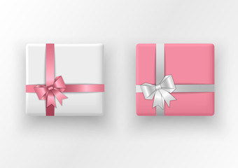 Set 3d gift boxes with paper bows and ribbons isolated on white background. Concept for design greeting card, banners, flyers. Vector illustration.