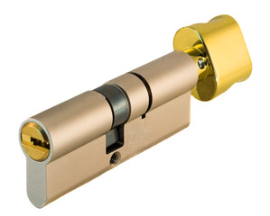 closeup door lock cylinder with keyhole and golden thumb knob in opened position isolated cutout on white background