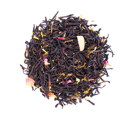 Black ceylon tea with rose petals, cornflowers, sunflower and almond slices, isolated on white background. Top view.