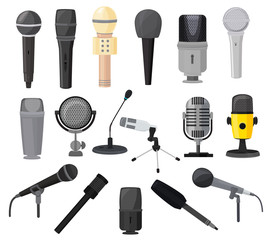 Microphone vector microphones for audio podcast broadcast or music record technology set of broadcasting concert equipment illustration isolated on white background