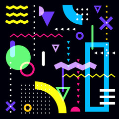 Colorful vector background with abstract geometric shapes. Memphis style design elements on black background