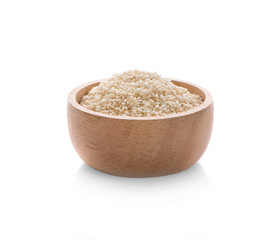 sesame in wooden bowl on white background