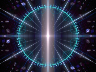 Digital Illustration - Futuristic digital clock, compass, modern time keeping device, circular measurement dial, odometer, speedometer, 12 visible sections with 30 degrees of separation. Neon Design