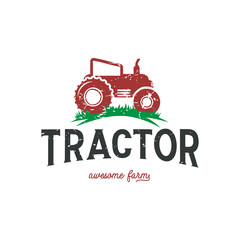 Farming tractor logo design template in red color