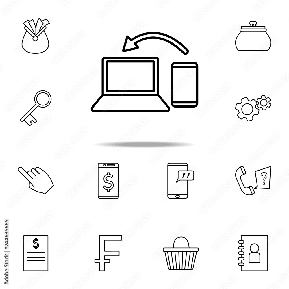 Poster synchronize smart phone with laptop icon. mobile banking icons universal set for web and mobile