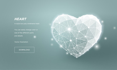 Heart in style Low poly wireframe mesh. Abstract on blue background. Concept Love or medicine or health care.Plexus lines and points in the constellation. Particles are connected in a geometric shape.