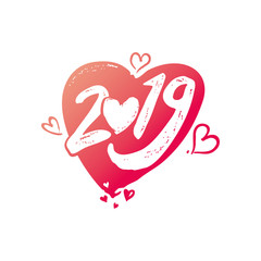 Big red heart 2019. Valentine's Day 2019 modern calligraphy. Valentines day holidays typography print, postcard, t-shirt and more. Vector illustration
