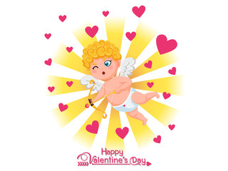 Happy Valentine's Day. Funny cupid cartoon character with bow and arrow on Golden light background. Vector Illustration elements of a Valentine