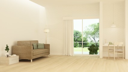 The interior minimal hotel relax space 3d rendering and nature view background