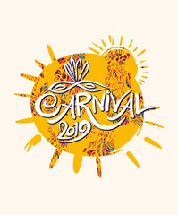 Carnival 2019. Holiday symbol in the shape of a sun. Beautiful art poster bright painting and handwritten logo. Vector graphic pattern. 