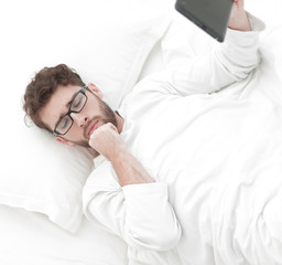background image . modern man with digital tablet