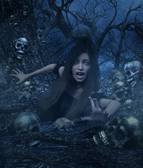 Fototapeta premium Ghost woman in haunted forest,3d illustration