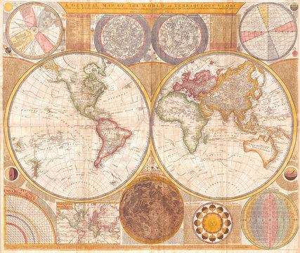1794, Samuel Dunn Wall Map of the World in Hemispheres