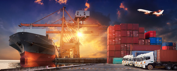 Logistics and transportation of Container Cargo ship and Cargo plane with working crane bridge in...