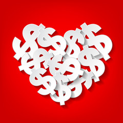 Dollar from paper fill in heart shape. Vector illustration isolated on red background.