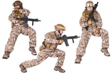 Set of military soldiers in uniform, ready to fight. Isolated on white background. This a montage with the same model.