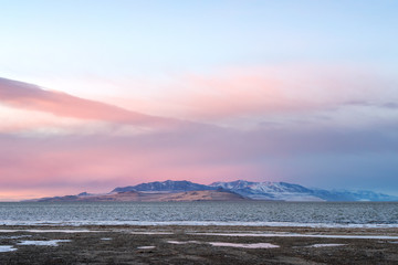 Colorful sediment in shallow saltwater in Great Salt Lake, Utah
