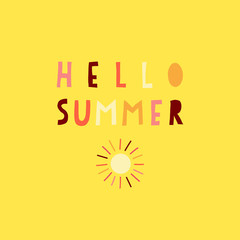 Hello Summer collage paper cut out style illustrated vector text in pink coral gold red. Contemporary collage style lettering. For seasonal greeting card design, women, girl, web banner, post, decor