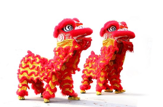 Chinese New Year Lion Dance Celebration Over White Background