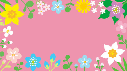 Round frame of Colorful Wildflowers - Pink color background