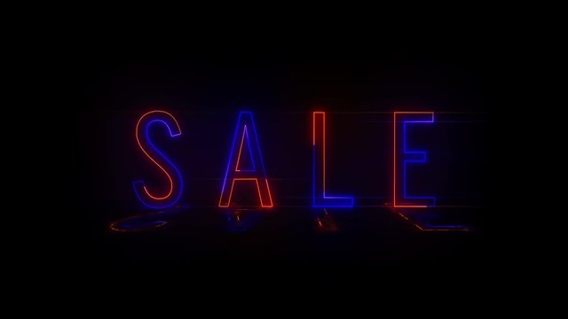 Neon SALE text animation on black background, 4K. 
