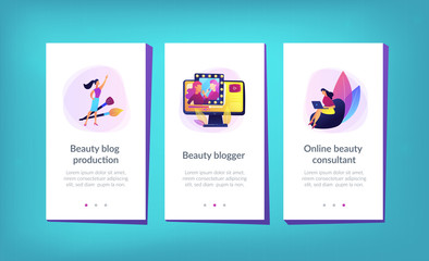 Fototapeta premium Female user watches beauty blogger showing latest trend makeup tutorial. Beauty blogger, beauty blog production, online beauty consultant concept. Mobile UI UX GUI template, app interface wireframe