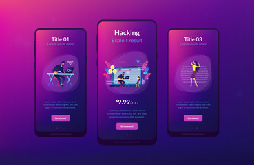 Hacker gathering target individuals sensitive data and making it public. Doxing, gathering online information, hacking exploit result concept. Mobile UI UX GUI template, app interface wireframe