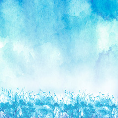 Watercolor blue background, blot, blob, splash of blue paint. Watercolor blue sky, spot, abstraction. Wild grass, bushes, country abstract landscape. Watercolor card, banner. 