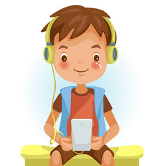 Boy using phone Boy using phone. Listening to music and using phone in home. Happy asian child using cell phone. Study with learning technology. Vector illustrations isolated