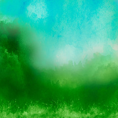 Watercolor blue, green background, blot, blob, splash of blue, green paint. Watercolor blue, green sky, spot, abstraction. Wild grass, bushes, country abstract landscape. Watercolor card, banner.