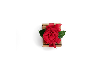 Festive gift packaging red ribbon box white background Concept Valentine's day, women's day