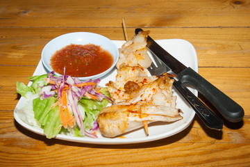 Thai-Chinese food, Stir-fried Crocodile with butter chili sauce and salad