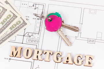Inscription mortgage, currencies dollar and keys of home on construction diagrams of house