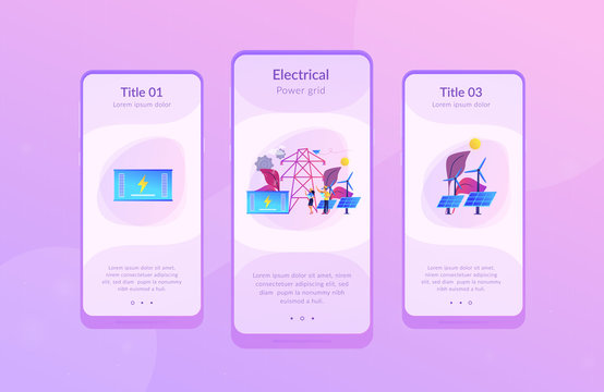 Battery energy storage from renewable solar and wind power station. Energy storage, energy collection methods, electrical power grid concept. Mobile UI UX GUI template, app interface wireframe