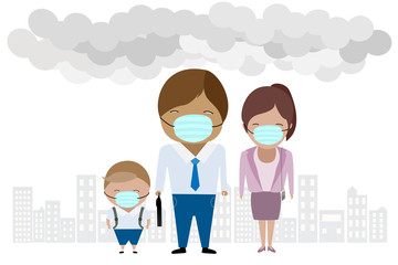 vector character of family wearing mask created with air smog or air pollution in the city