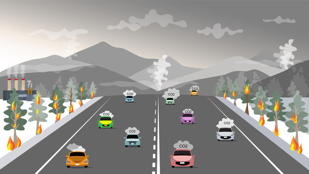 vector of air environment pollutions from car factory and wildfire