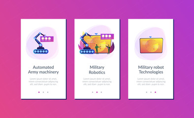 Soldiers at radar planning to use robot for military actions. Military robotics, automated army machinery, military robot technologies concept. Mobile UI UX GUI template, app interface wireframe