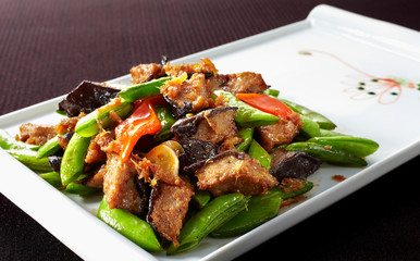 Delicious Chinese food, fried meat with sweet beans

