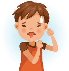 Boy disgusted 
Little boy looking of disgust. asian child expression of disgust with emotions and gestures.  refusing food concep. Cartoon character vector illustration isolated on white background.