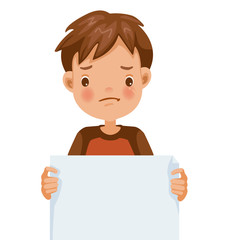 Boy holding Scowl little boy holding white paper. with negative emotions. Cartoon character vector illustration isolated on white background.