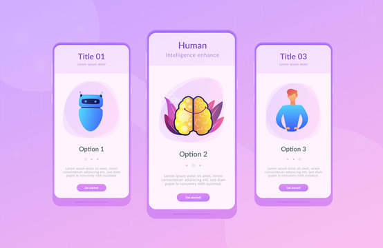 Modern robot intelligence and human brain connected. Augmented intelligence, human intelligence enhance, AI human support concept. Mobile UI UX GUI template, app interface wireframe