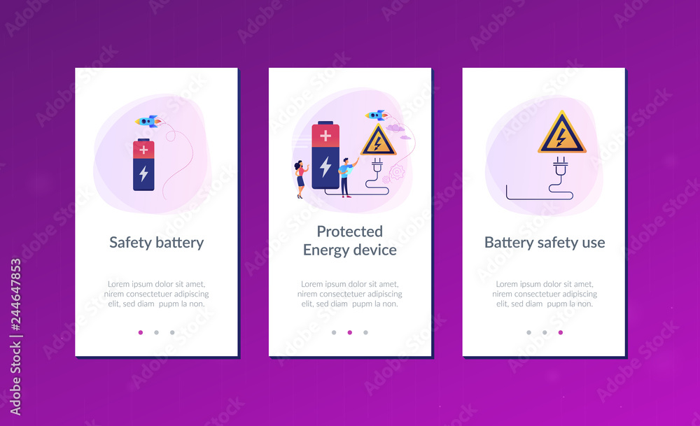 Poster engineers make recharging battery safe with plug and high voltage warning sign. safety battery, prot