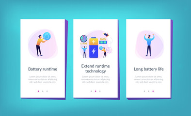 Users and battery performance and longevity with charge indicator and time. Battery runtime, extend runtime technology, long battery life concept. Mobile UI UX GUI template, app interface wireframe