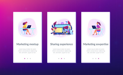 Marketeers learning from fellow professionals at meetup with presentation board. Marketing meetup, sharing experience, marketing expertise concept. Mobile UI UX GUI template, app interface wireframe