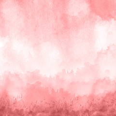 Watercolor red, purple, pink  background, blot, blob, splash of purple, pink  paint. Watercolor spot, abstraction. Abstract art illustration, scenic. Silhouette of grass, wild plants, bushes.