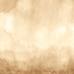 Watercolor brown, Orange background, blot, blob, splash of brown paint. Watercolor brown sky, spot, abstraction. Wild grass, bushes, country abstract landscape. Watercolor card, banner. 